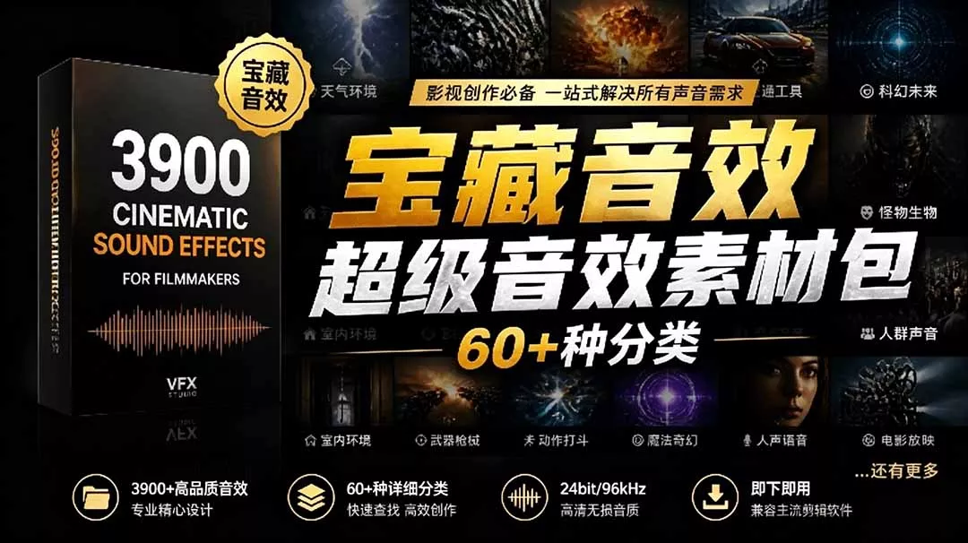 宝藏音效合集包！60+多种音效分类，共计3900个，分类清晰，全中文分类，高品质剪辑音效素材包-羽哥资源星球