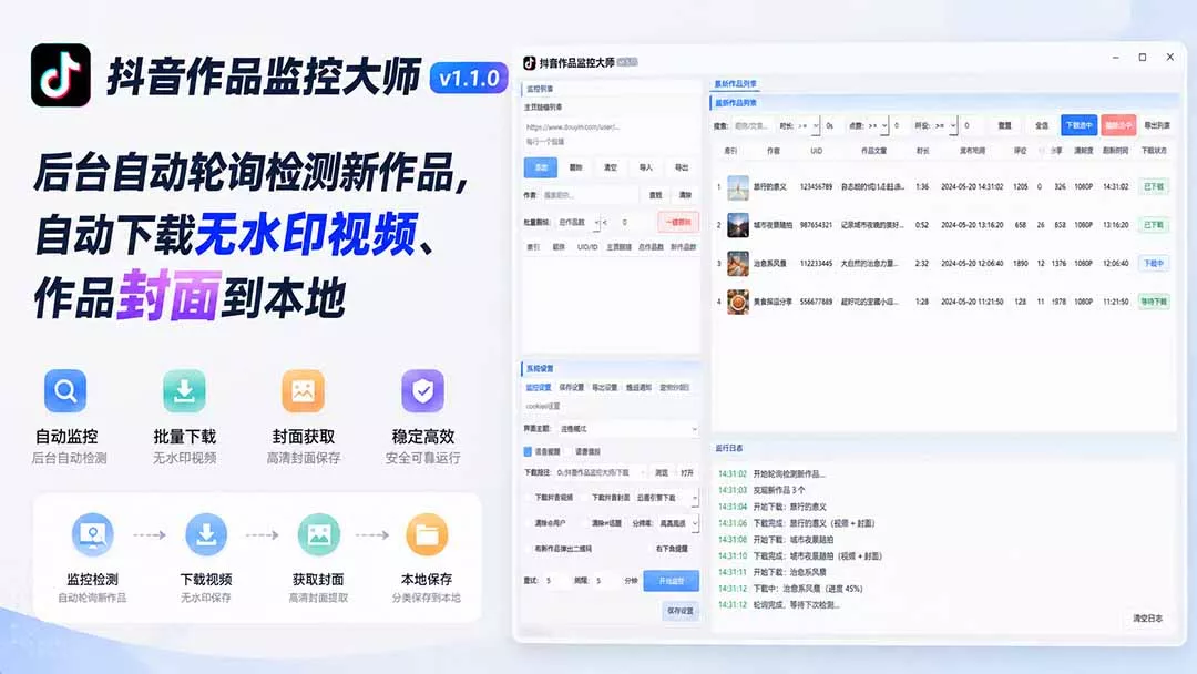 抖音作品监控大师v1.1.0，后台自动轮询检测新作品，自动下载无水印视频、作品封面到本地-羽哥资源星球