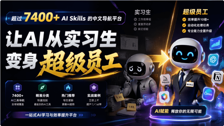 聚合了超过7400个AI Skills的中文导航平台，让AI从实习生变身超级员工-羽哥资源星球